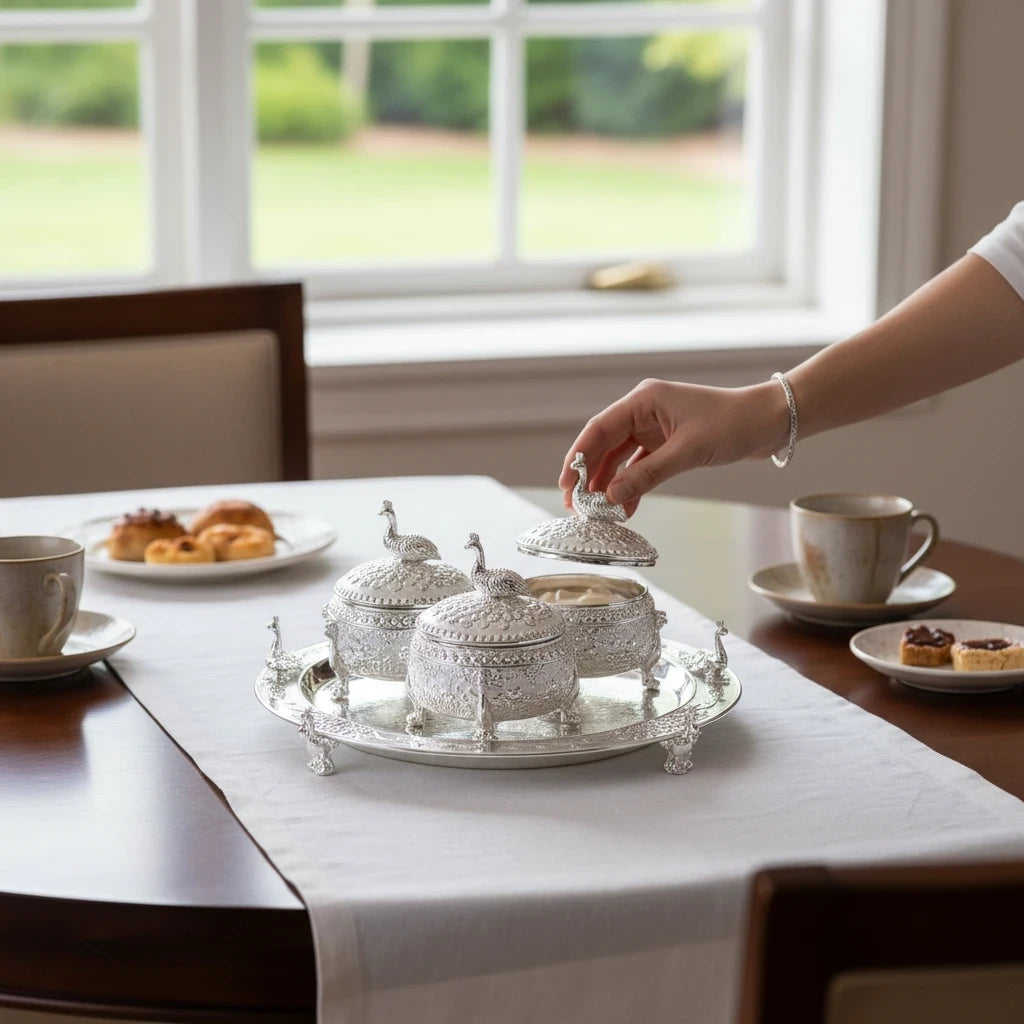 Peacock Serving Bowl Set — 3 Pieces with Tray