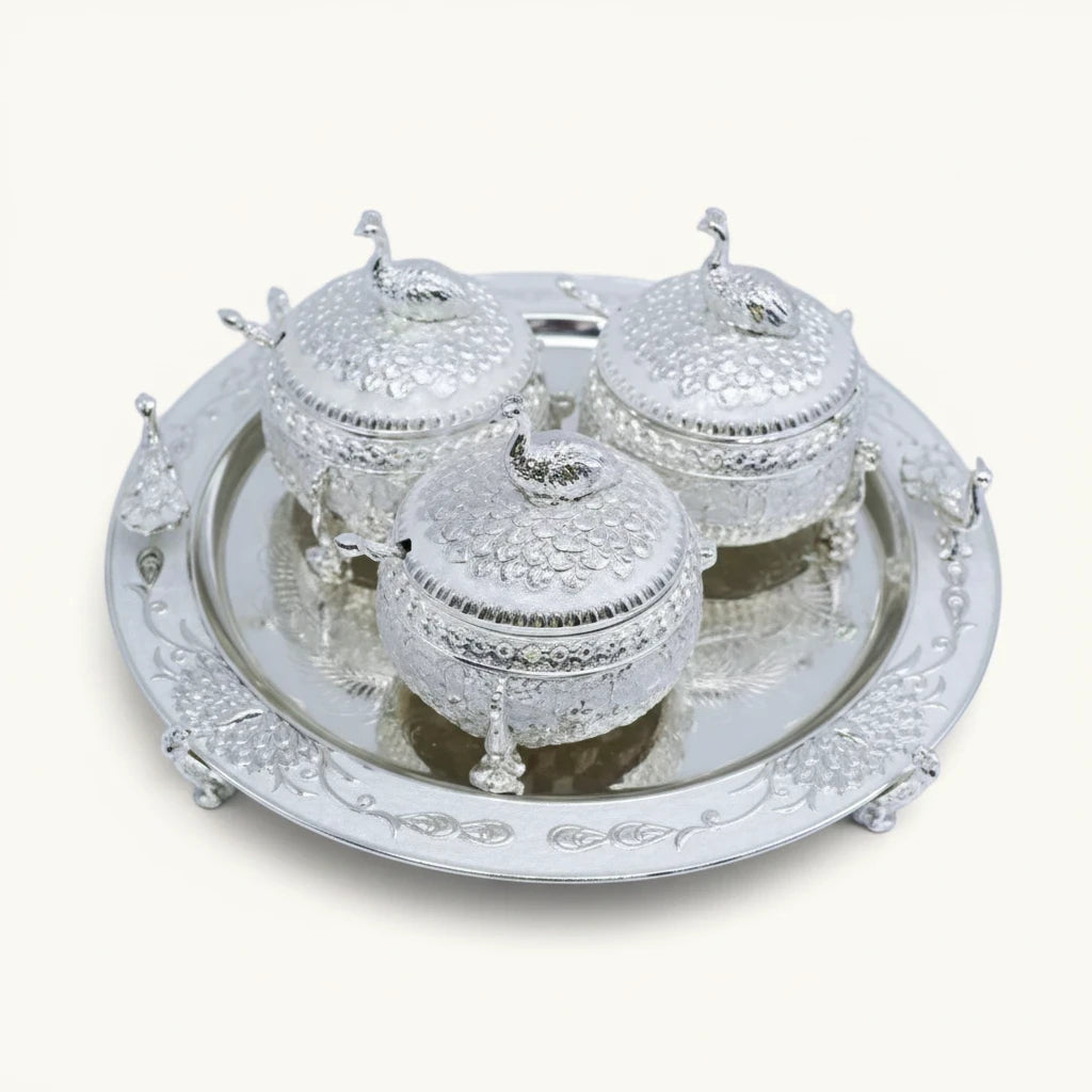 Peacock Serving Bowl Set — 3 Pieces with Tray