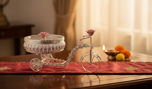 Art N Soul compact bicycle serving set with a German silver frame and a decorative crystal bowl for dry fruits