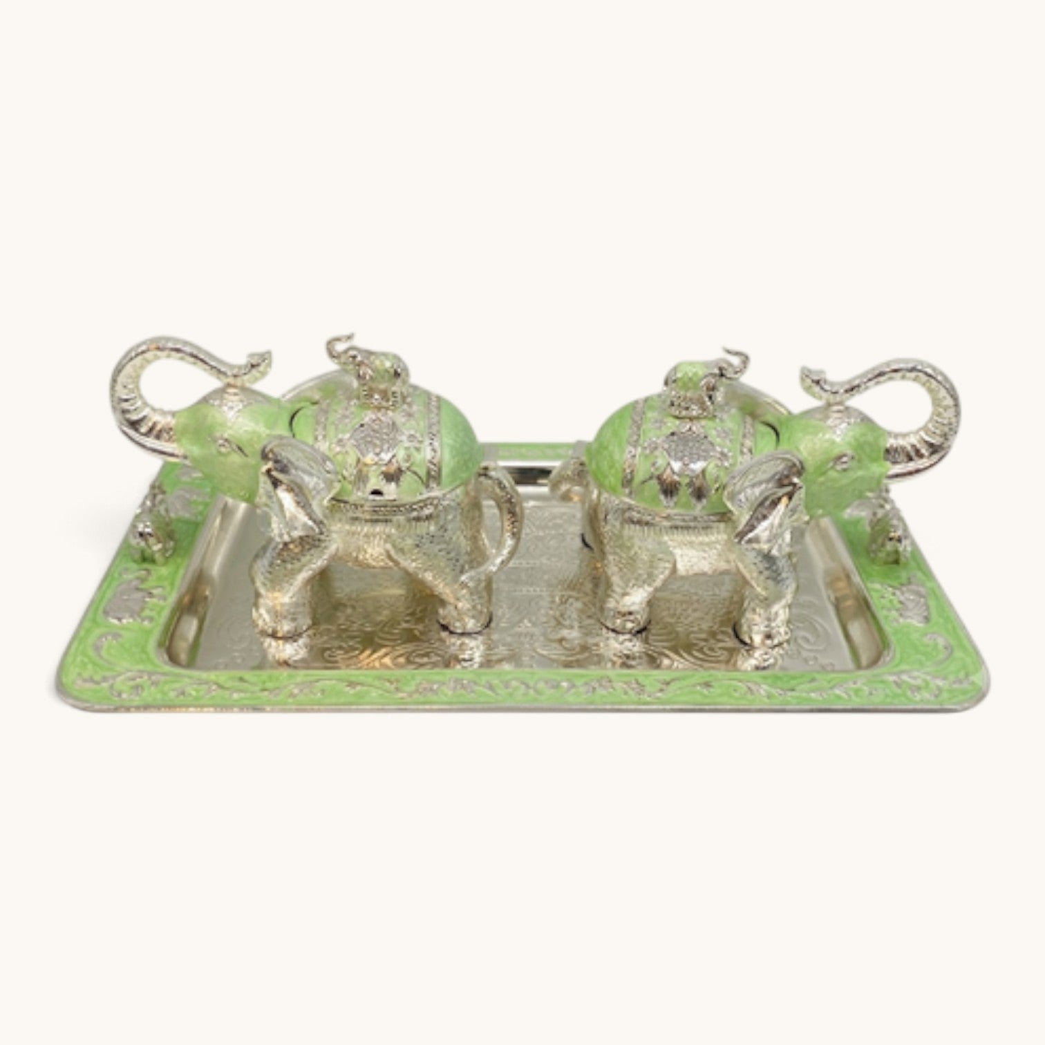 Art N Soul elephant storage box set with two green and silver decorative containers on a matching ornate tray.