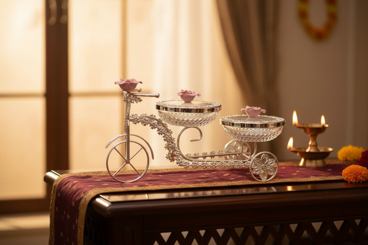 Art N Soul German silver bicycle trolley serving set with three crystal bowls featuring decorative pink rose lids
