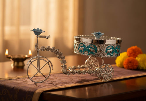 Art N Soul German silver bicycle serving set with a decorative crystal bowl featuring blue elephant motifs and roses.
