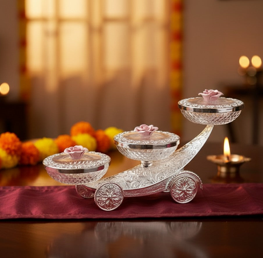 Art N Soul 3-piece crystal bowl set on a decorative German silver flower trolley with rose-topped lids for table decor