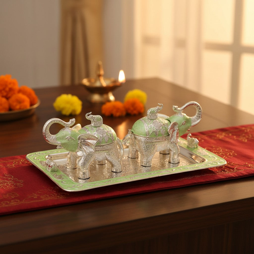 Art N Soul German silver elephant storage box set with two containers and a matching decorative tray in green enamel.