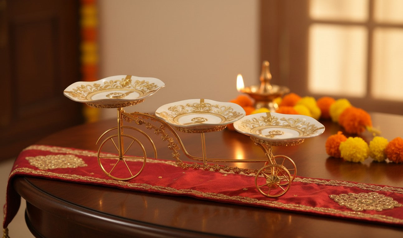Art N Soul German silver trolley serving set with three ornate glass trays for snacks, sweets, and festive decor.
