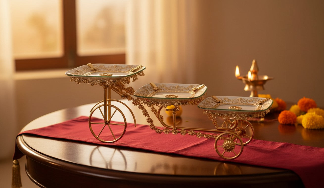 Art N Soul German silver trolley serving set with three square glass trays for sweets and snacks on a dining table