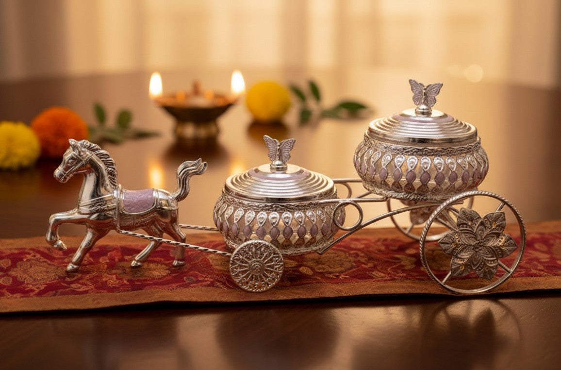 Art N Soul German silver horse carriage serving set with two ornate crystal bowls for wedding or festive table decor