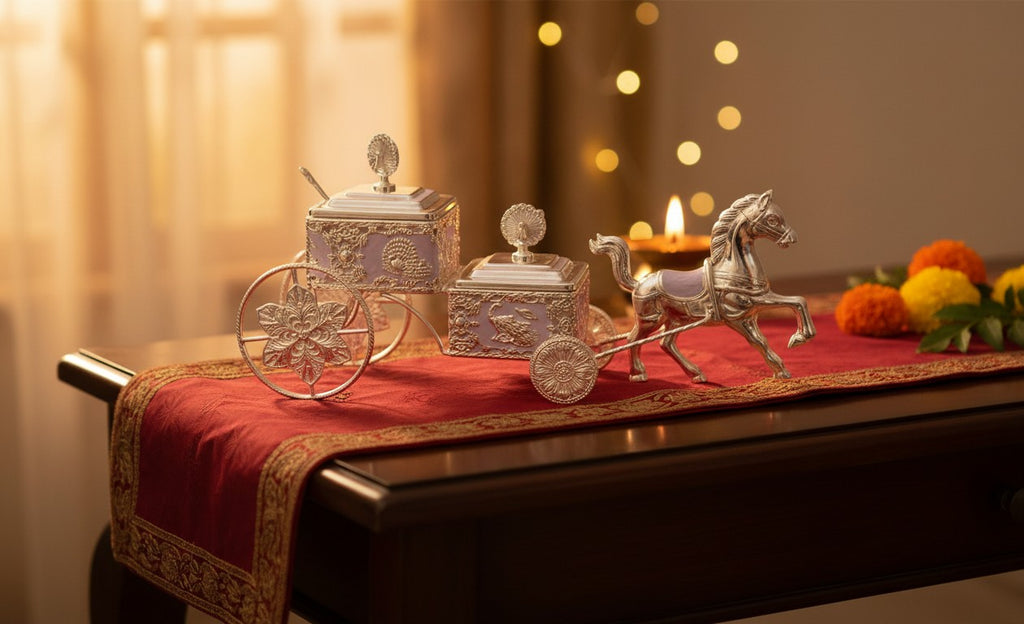 Art N Soul German silver horse carriage serving set with two lidded jars and matching spoons on a red table runner.