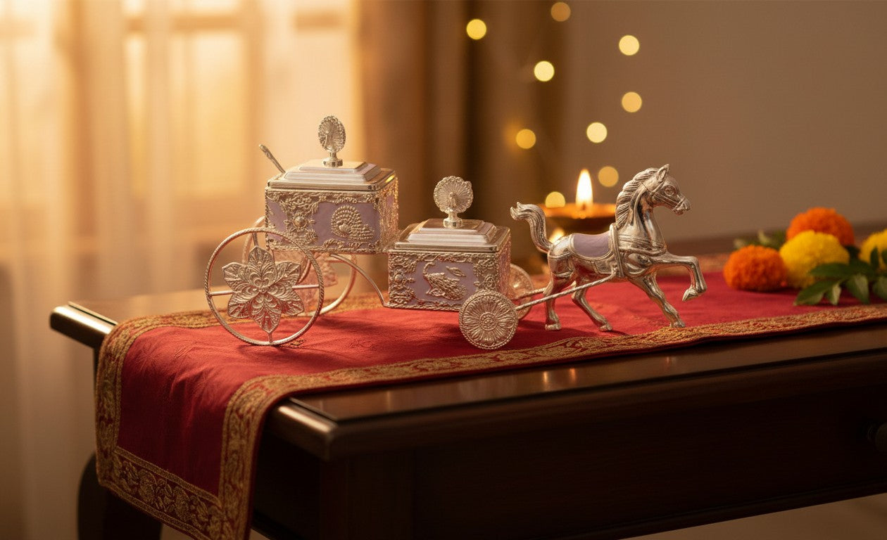 Art N Soul German silver horse carriage serving set with two lidded jars and matching spoons on a red table runner.
