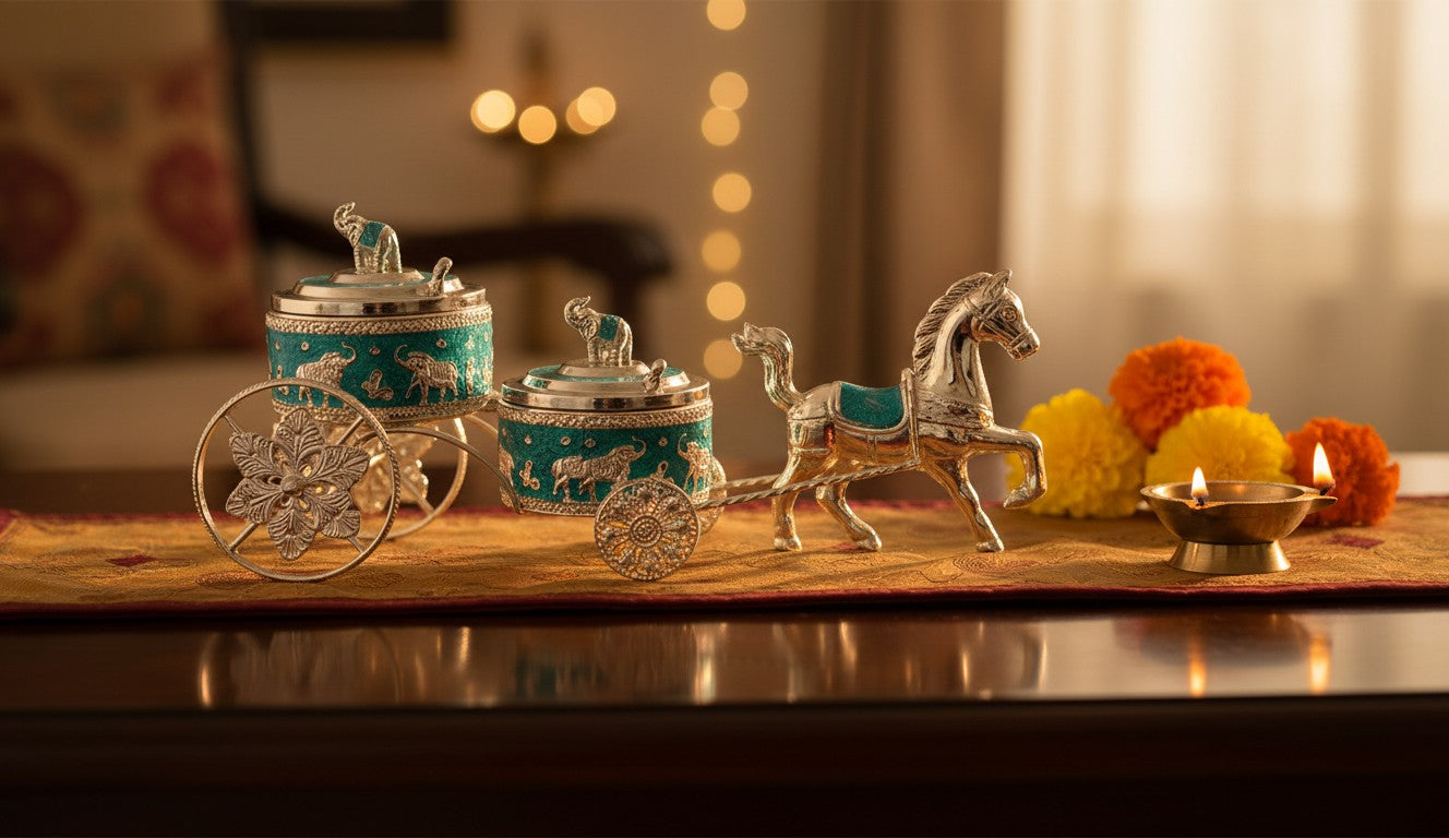 Art N Soul German silver horse carriage set with two round teal and silver lidded jars for festive home decor