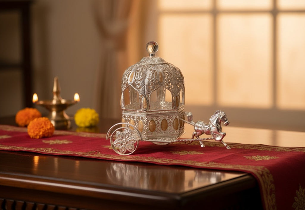 Art N Soul German silver horse carriage decorative lidded jar with butterfly finial on a red table runner