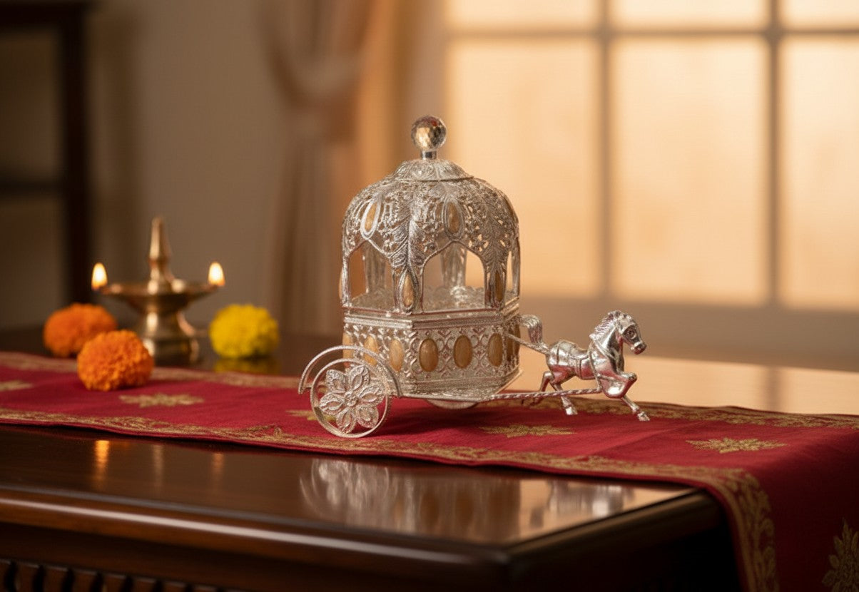 Art N Soul German silver horse carriage decorative lidded jar with butterfly finial on a red table runner
