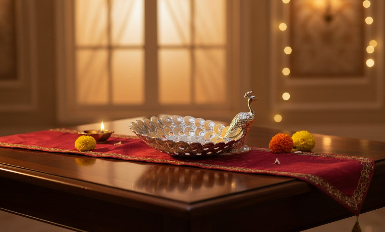 Art N Soul German Silver peacock serving bowl with gold accents on a red table runner with marigold flowers and a diya