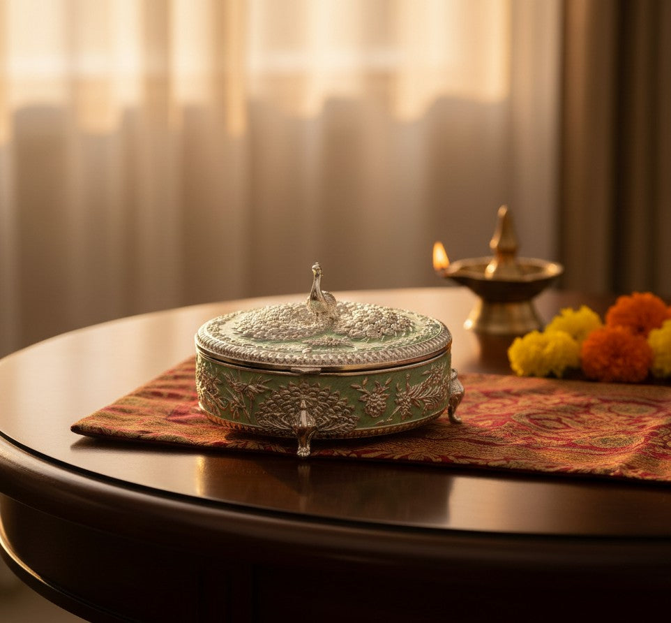 Art N Soul round German silver storage box with embossed peacock lid and filigree detail on a decorative table mat.