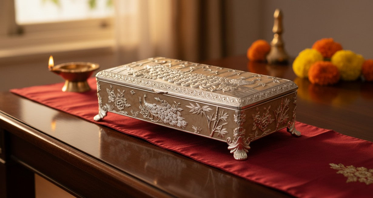 Art N Soul German silver rectangular storage box with intricate embossed peacock design on lid and sides
