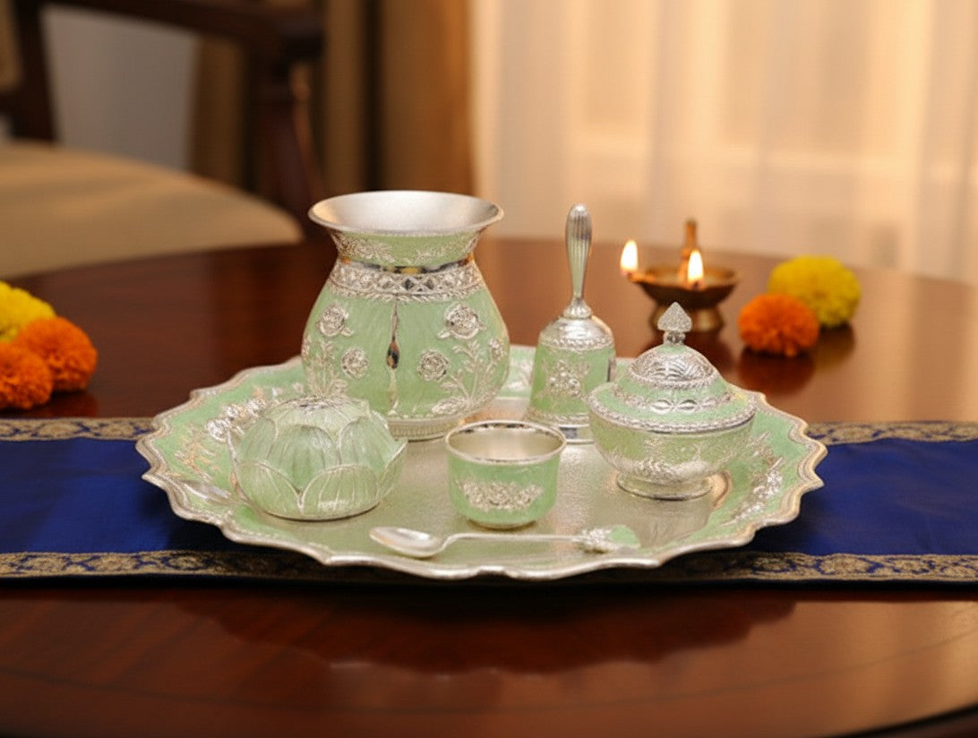 Art N Soul German silver pooja thali set with mint green floral accents, including kalash, diya, and ritual bowls.