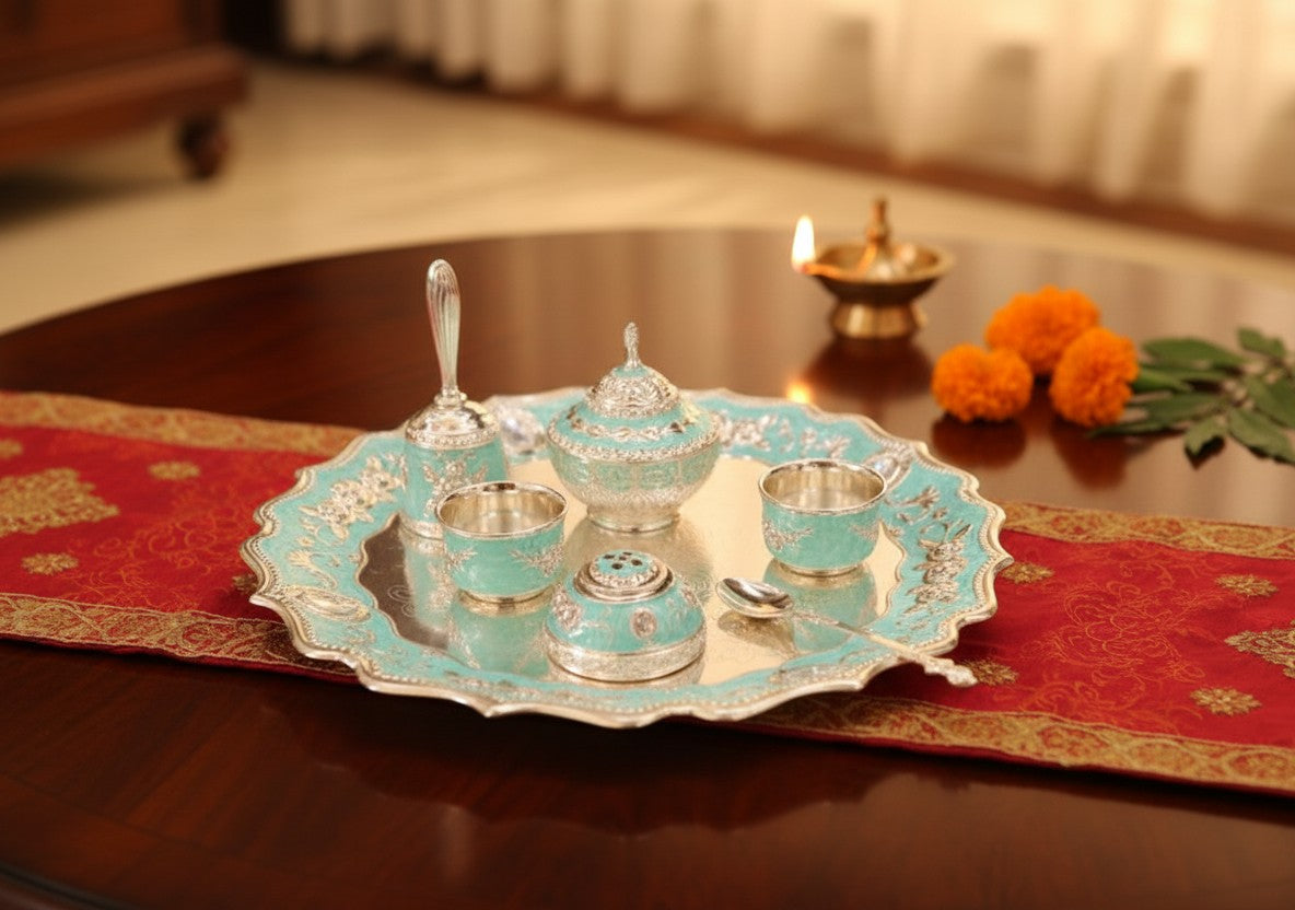 Art N Soul compact German silver pooja thali set with turquoise enamel detailing, ritual bell, and diya on table