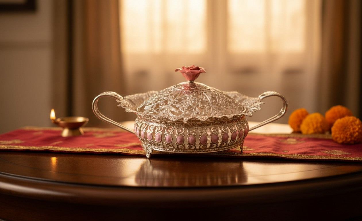Art N Soul German silver serving bowl with lid, featuring intricate embossed patterns and a pink floral finial.
