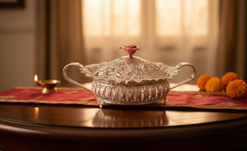 Art N Soul German silver serving bowl with lid, featuring intricate embossed patterns and a pink floral finial.