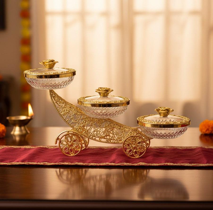 Art N Soul gold-finish flower trolley serving set with three crystal bowls and decorative rose-topped lids.
