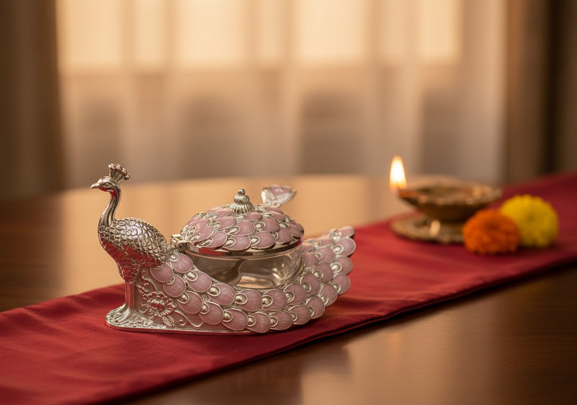 Art N Soul German silver peacock dry fruit bowl with pink enamel accents and a fitted lid on a red table runner