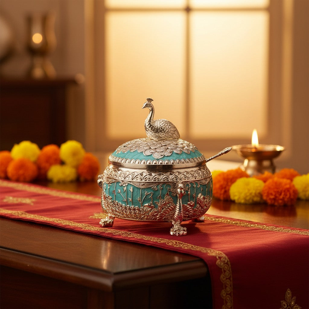 Art N Soul German silver peacock dry fruit bowl with matching spoon, featuring intricate teal and silver detailing.