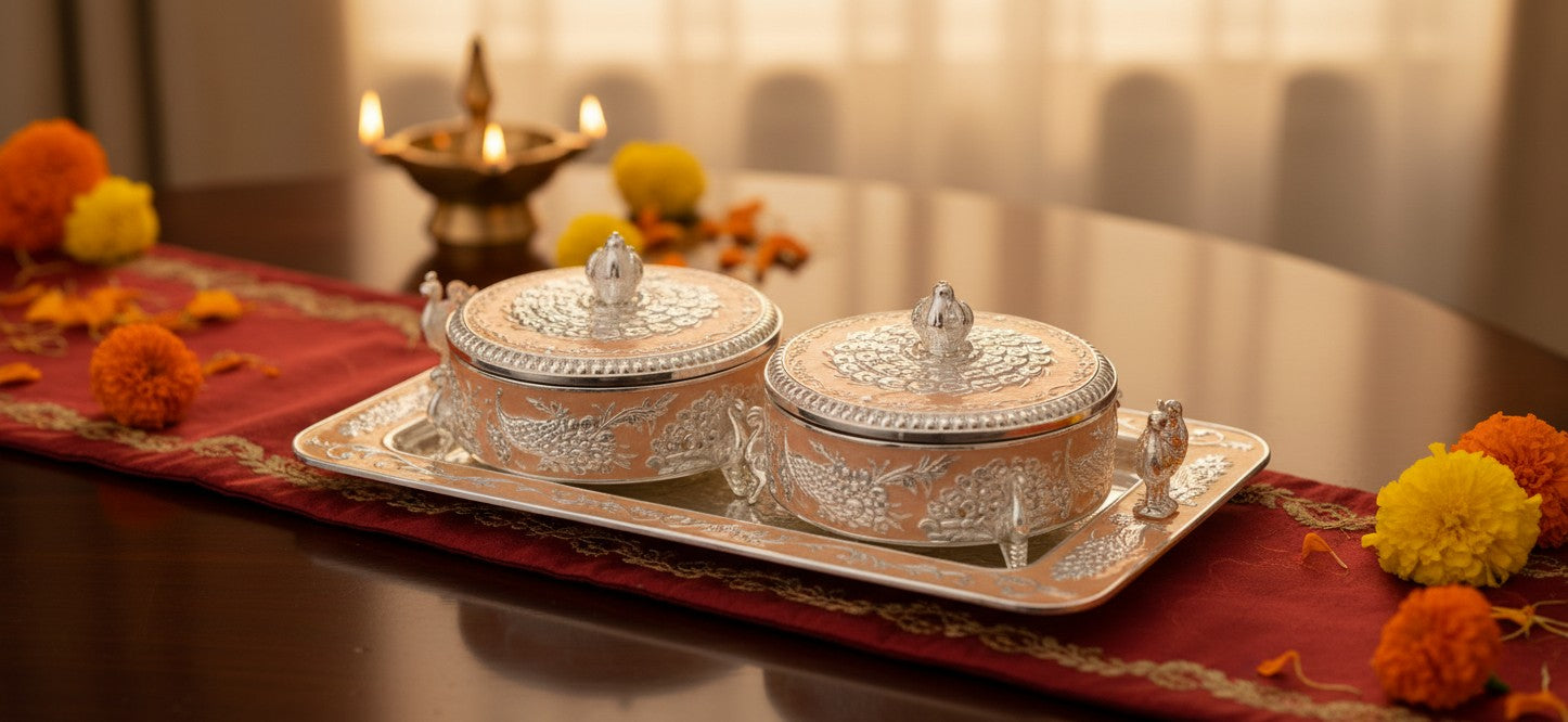 Art N Soul serving bowl set with peacock lids, matching spoons, and tray in a festive German silver finish.