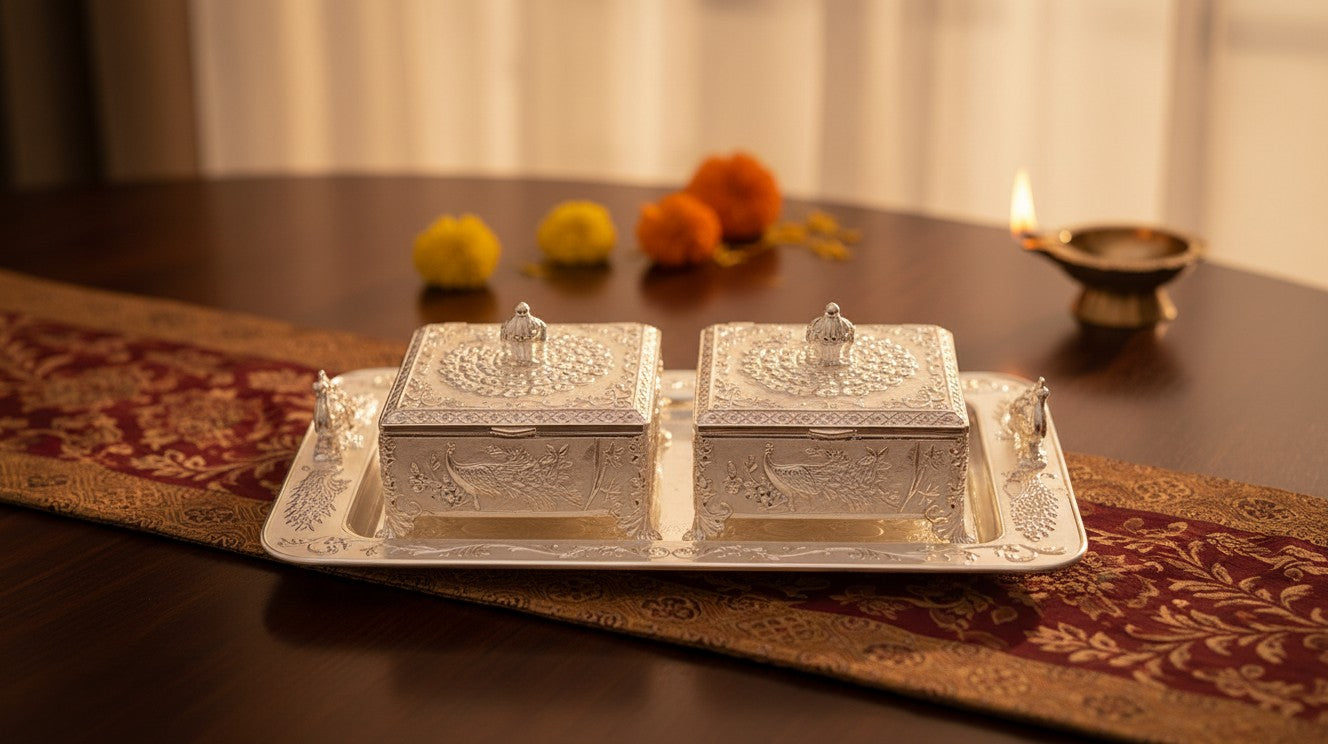 Art N Soul square silver storage boxes with lids and matching tray, featuring intricate peacock and floral engravings.
