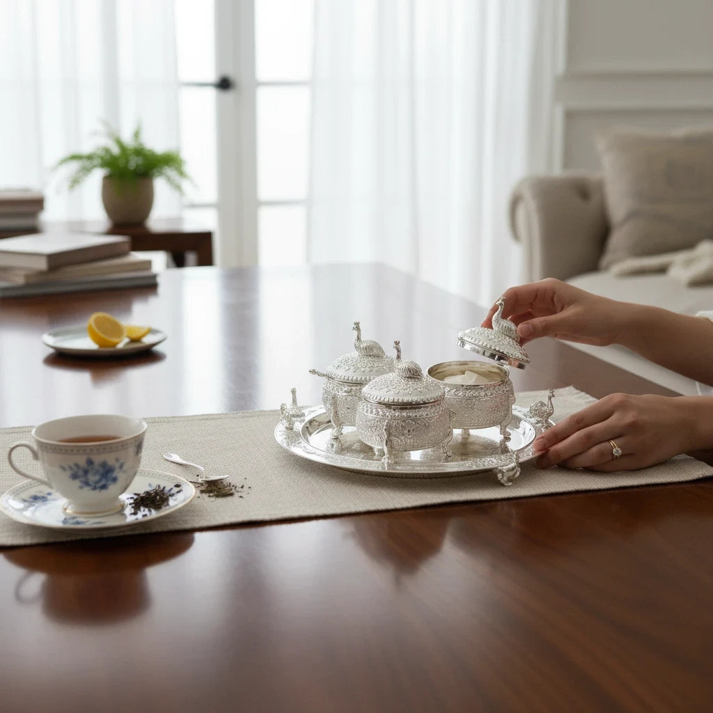 Peacock Serving Bowl Set — 3 Pieces with Tray