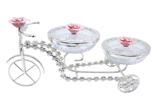 German silver bicycle trolley with three crystal serving bowls for dry fruits and sweets.