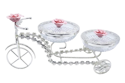 German silver bicycle trolley with three crystal serving bowls for dry fruits and sweets.