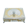 Square German silver storage box with a peacock finial and embossed filigree detailing.