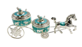 German silver horse carriage jar set with two round lidded jars on a decorative carriage frame.
