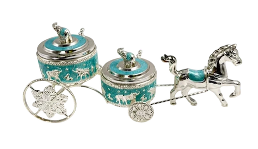 German silver horse carriage jar set with two round lidded jars on a decorative carriage frame.