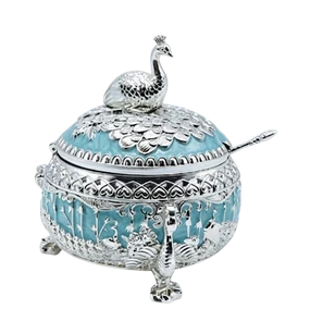 German silver peacock dry fruit bowl supplied with a matching serving spoon.