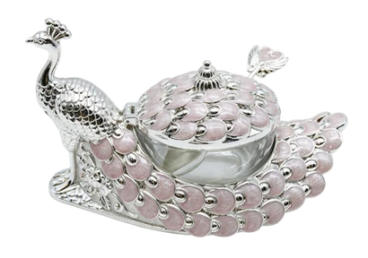 German silver peacock dry fruit bowl with a fitted lid and fanned tail detailing.