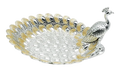 German silver peacock serving bowl finished in silver with gold accents across the tail.