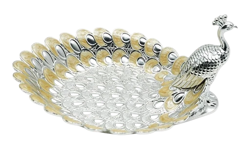 German silver peacock serving bowl finished in silver with gold accents across the tail.