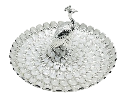 Large German silver peacock serving bowl with a wide fanned tail for dry fruits and sweets.