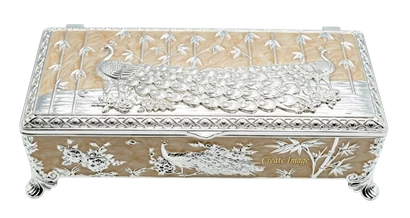 German silver peacock storage box with a lid, used for dry fruits, mukhwas and saffron.