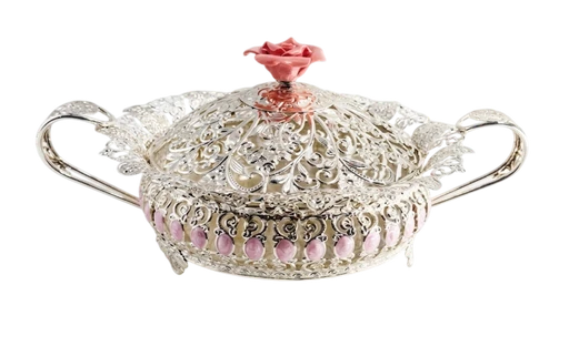 German silver designer serving bowl with a lid and floral finial for dry fruits and mukhwas.