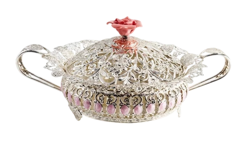 German silver designer serving bowl with a lid and floral finial for dry fruits and mukhwas.