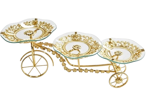 German silver trolley stand holding three glass serving trays for sweets and snacks.
