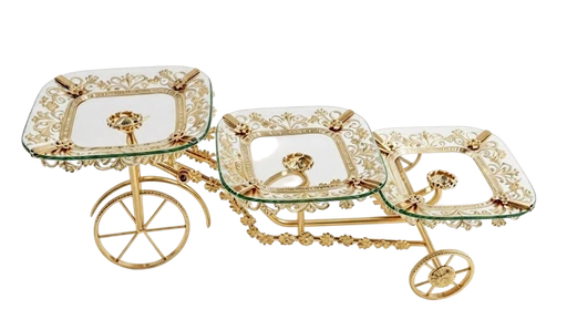 German silver trolley stand with three square glass serving trays for mithai and dry fruits.
