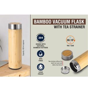 101-H191A*Stainless steel Bamboo Vacuum flask with Tea Strainer Capacity 400 ml approx