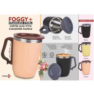 101-H252*Foggy Stainless Steel coffee mug with Carabiner Handle Leak Proof Cap Capacity 350ml approx