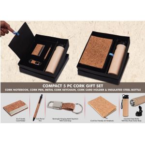 101-Q153*Compact 5 Pc Cork Gift Set Cork Notebook Cork Pen Metal Cork Keychain Cork Card Holder & Insulated Steel Bottle