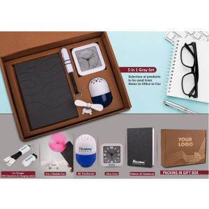 101-Q98*5 in 1 Gray set Mobile Fan Keychain with Car charger and cable Air Freshener 100 gm Glow Clock and A5 PU notebook in Kraft Gift Box